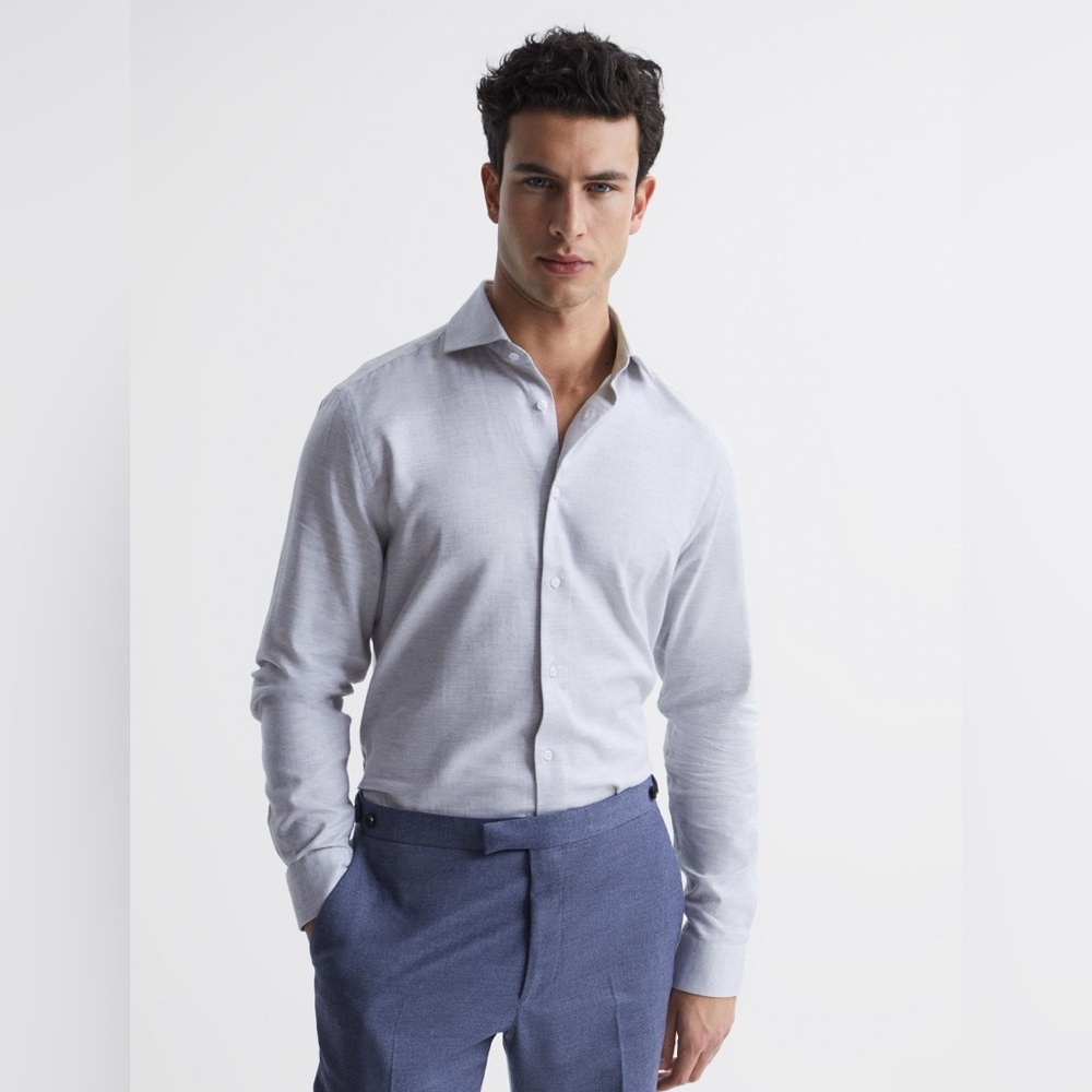 Reiss Belief Cotton Flannel Long Sleeve Button Up Regular Fit Heathered Gray XL